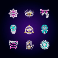 Magical accessories in boho style neon light icons set. Prophecy and occultism amulets. Lotus flower esoteric symbol. Signs with outer glowing effect. Vector isolated RGB color illustrations