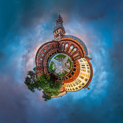 Tiny planet of Riga Dome cathedral inner courtyard during sunset time