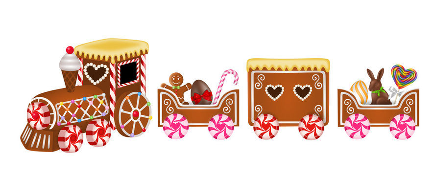 easter gingerbread train with easter eggs, rabbit and candies