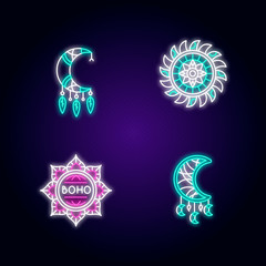 Boho style accessories neon light icons set. Esoteric amulets. Lotus flower, Indian mandala. Crescent moon shape amulets. Signs with outer glowing effect. Vector isolated RGB color illustrations
