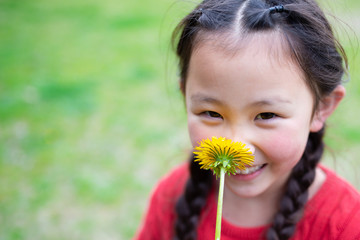 タンポポの香りを嗅ぐ少女