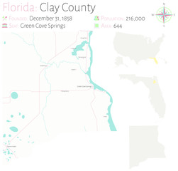 Large and detailed map of Clay county in Florida, USA.