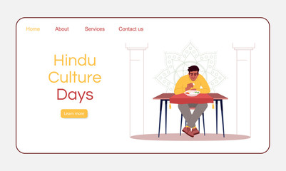 Hindu culture days landing page vector template. Gastronomic tourism website interface idea with flat illustrations. Indian national cuisine restaurant homepage layout. Cartoon web banner, webpage