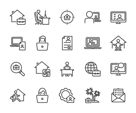Vector set of remote work line icons. Contains icons working from home, interview online, freelance, search job, resume online, tasks online and more. Pixel perfect.