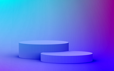 3d purple blue neon light cylinder podium minimal studio gradient dark colors background. Abstract 3d geometric shape object illustration render. Display for nightclub party and technology product.
