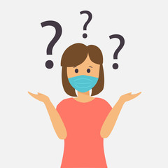 Fototapeta na wymiar Woman in respiratory masks with question mark. Prevention of disease, vector illustration