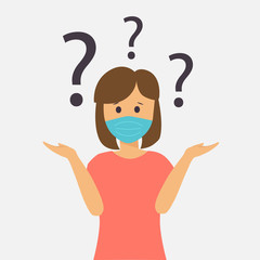 Woman in respiratory masks with question mark. Prevention of disease, vector illustration