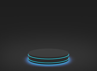 3d blue neon light with black cylinder podium minimal studio black dark background. Abstract 3d geometric shape object illustration render. Display for technology and business game product.