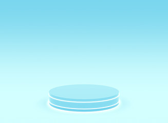 3d blue neon light cylinder podium minimal studio blue bright background. Abstract 3d geometric shape object illustration render. Display for technology product.
