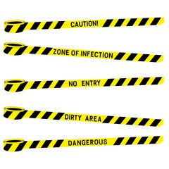 Black yellow police warning tape with the inscription. Dirty zone danger of infection. Yellow warning tape. Isolated. Risk sign. Attention sign symbol. Flat v