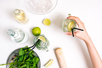 Girls holds a glass goblet with mojito cocktail. Ingredients for making a summer refreshing drink.