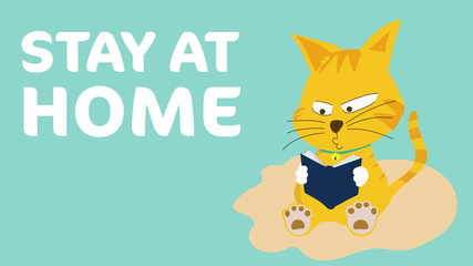 Orange strip cartoon cat reading a book, text 