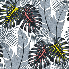 Summer seamless tropical pattern with bright leaves and plants on a white background. Vector design. Jungle print. Floral background.   Beautiful print with hand drawn exotic plants.