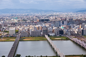 The birds eye view of Osaka city with Yodo River. Japan