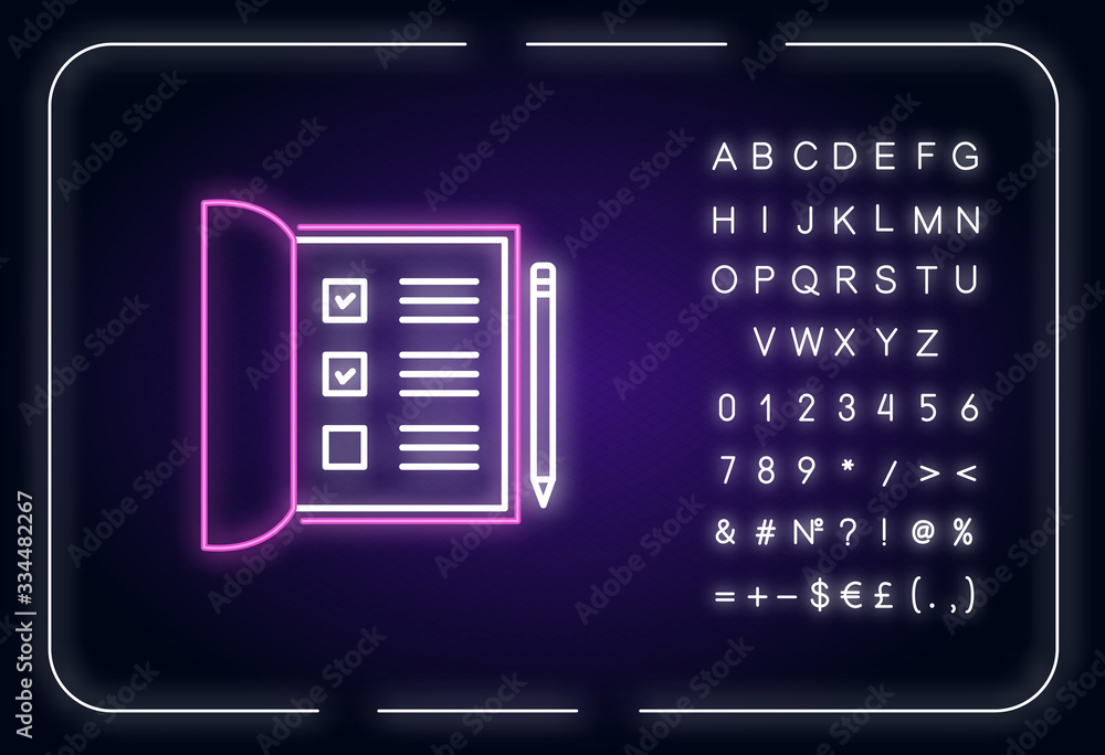 Poster open notebook neon light icon. list with ticked checkboxes. completed test form. school papers. oute