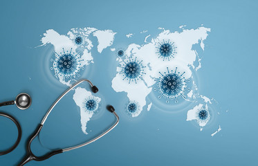 corona virus covid 19 protection concept, stethoscope and covid symbols icons on the world map in the blue background, copy space and web banner template