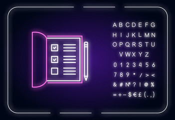 Open notebook neon light icon. List with ticked checkboxes. Completed test form. School papers. Outer glowing effect. Sign with alphabet, numbers and symbols. Vector isolated RGB color illustration