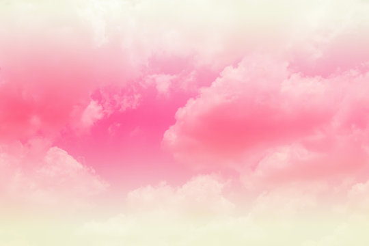 Beautiful Sky And Clouds In Soft Pastel Color.Soft  Pink Cloud In The Sky Background Colorful Pastel Tone.