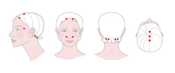 Active acupuncture points for massage with a headache. Traditional Chinese medicine. Vector illustration