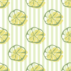 Citrus fruit seamless pattern. Lemon, lime and stripes pattern on white background. Vector illustration. Summer template food. Monochrome repeating texture. Modern ornament. Design paper, wallpaper.