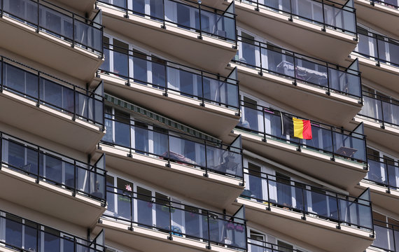 A Belgian flag is seen on a balcony during a coronavirus lockdown in Brussels