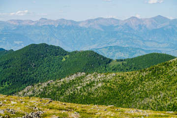 Scenic view to green forest hills with crags and long mountain range. Awesome minimalist alpine landscape of vast expanses. Wonderful vivid highland scenery with great mountains and green forest.