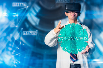 he double exposure image of the doctor using a VR glasses and overlay with Coronavirus holographic image. the concept of medical, healthy, clinical and coronavirus.