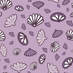 Purple and white seashells seamless vector pattern. Marine surface print design. For fabrics, gift wrapping paper, scrapbooking, and packaging.