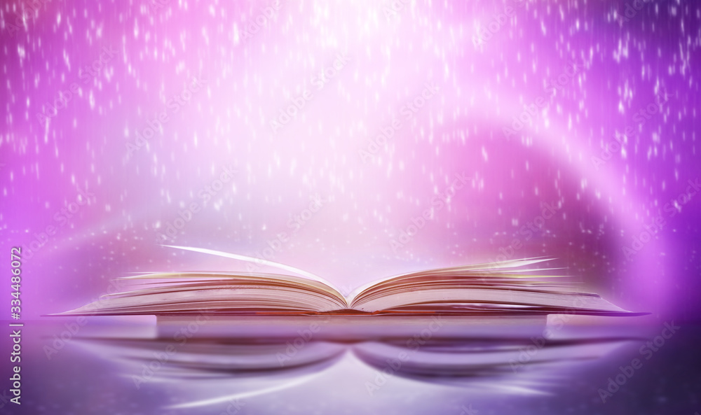 Aufkleber imagine a picture book of an ancient book opened on a wooden table with a sparkling golden backgroun