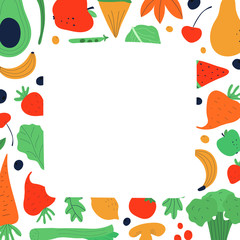 Vegetarian and raw food diet concept. Colorful frame with copy space for text. Flat vector illustration.