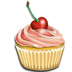 Food illustration - image of a cupcake on a white isolated background, with cream and cherry, blackberry in a basket 