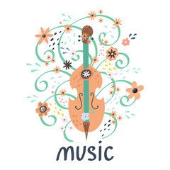 Illustration with Creative contrabass and hand lettering. Great element for music festival or t-shirt. Vector concept