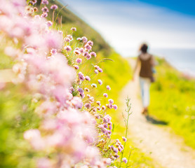  blurred woman walking away pink flowers 