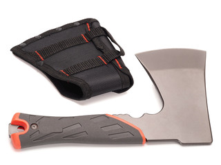 Small hand axe with plastic handle and a case isolated on white background