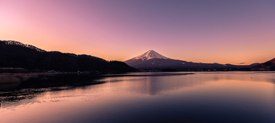 Sunrise View to the Fuji Mount in the Clear Pink and Violet Sky, Japan