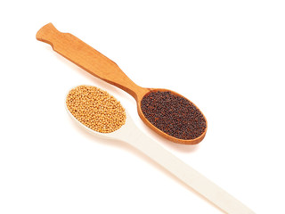 Mustard seeds black and white in wooden spoons isolated on white background
