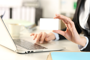 Executive hand with laptop showing blank credit card