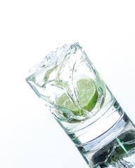 glass of water with ice and lime