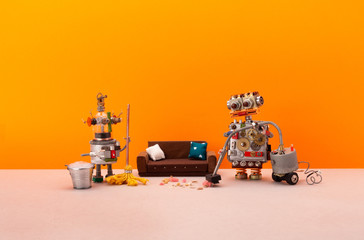 Automated cleaning service concept. Two cleaning robots use a bucket of soap disinfecting foam and...