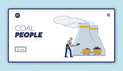 Coal Mining Concept. Website Landing Page. Miner Mine And Load Coal Into Trolley By Means Shovel For Further Delivery To Thermal Power Plant. Web Page Cartoon Linear Outline Flat Vector Illustration