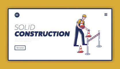 Website Landing Page. Man Is Setting Warning Signs For Safety Of Pedestrians And Traffic. Laborer Worker Set Signs Of Road Works And Barriers. Web Page Cartoon Linear Outline Flat Vector Illustration