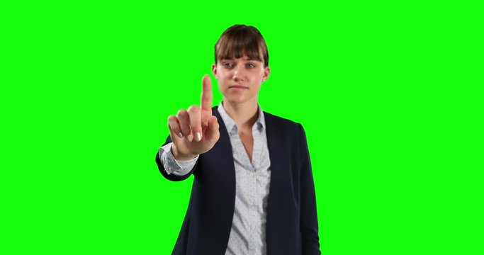 Front view of Caucasian woman touching the screen with green screen