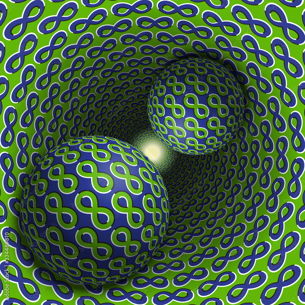 Poster two balls are moving in hole. 3d objects of infinity symbols pattern. optical illusion abstraction i
