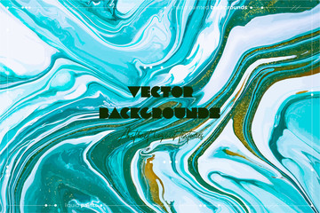 Vector fluid art texture. Backdrop with abstract mixing paint effect. Liquid acrylic picture with flows and splashes. Mixed paints for interior poster. Turquoise, green and white overflowing colors