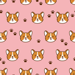 Corgi dog Puppy. Paw. Seamless pattern on pink. Vector