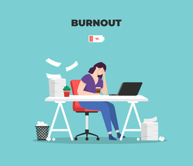 Burnout woman. Professional burnout syndrome. Stress. Exhausted tired woman. Vector