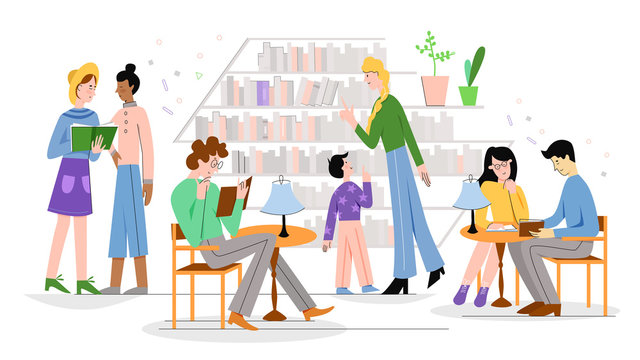 People in traditional library character flat line vector illustration concept
