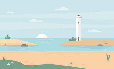Ocean or sea coast landscape flat vector illustration. Nature seascape background, concept