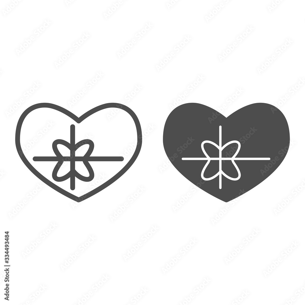 Poster heart with bow line and solid icon. greeting card in love shape with ribbon symbol, outline style pi