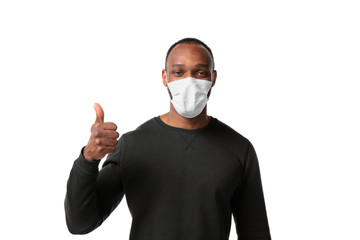 Stop spreading. How coronavirus changed our lives. Man wearing face mask on white background. Prevention against pneumonia, keep on being on quarantine, stay home. Treatment COVID, recovering.